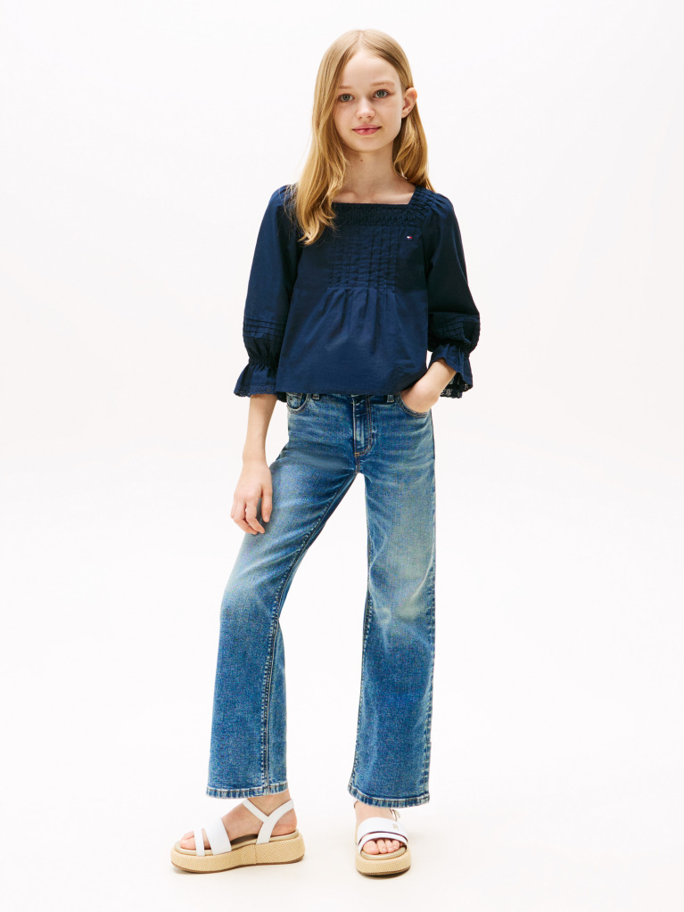 Blue Broderie Anglaise Pintuck Blouse  Girls