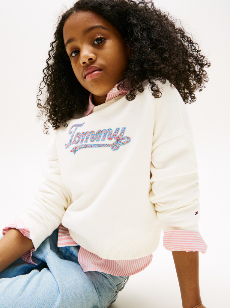 Beige Tommy Script Sequin Sweatshirt  Girls