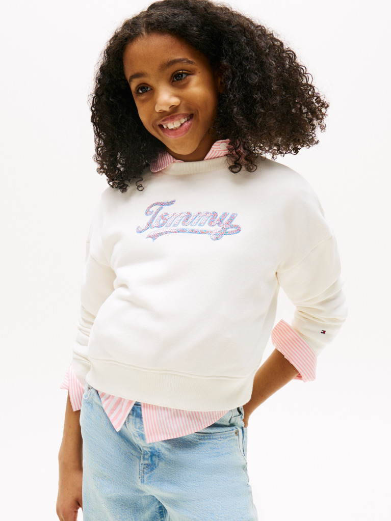 Beige Tommy Script Sequin Sweatshirt  Girls