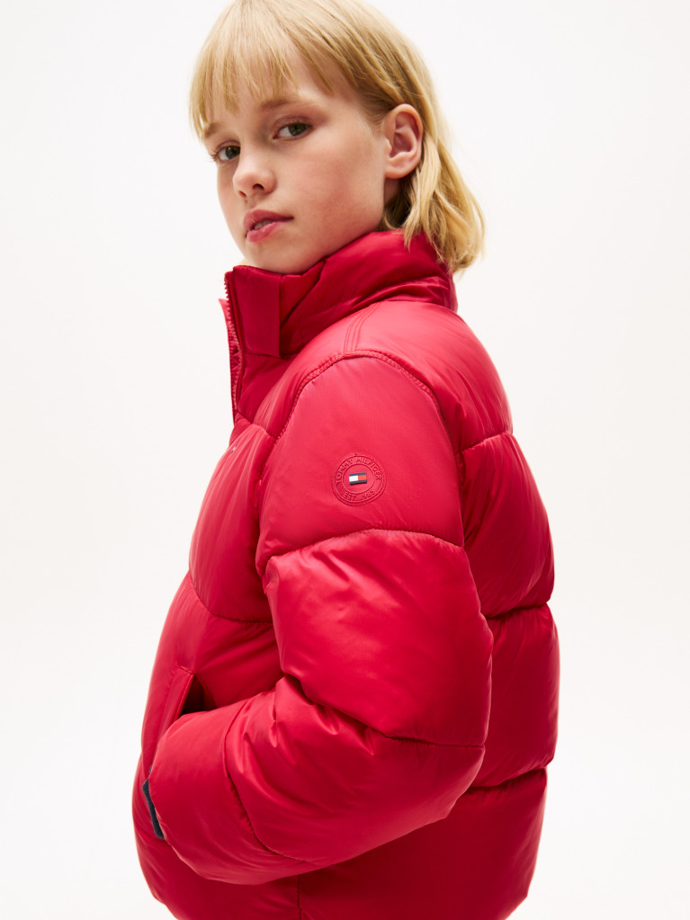 Red Shiny Relaxed Hooded Puffer Jacket  Girls