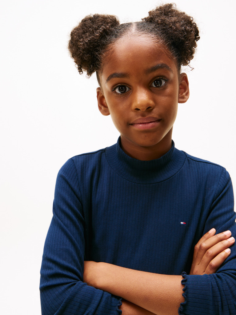 Blue Ribbed Extra Slim Mock Neck Top  Girls
