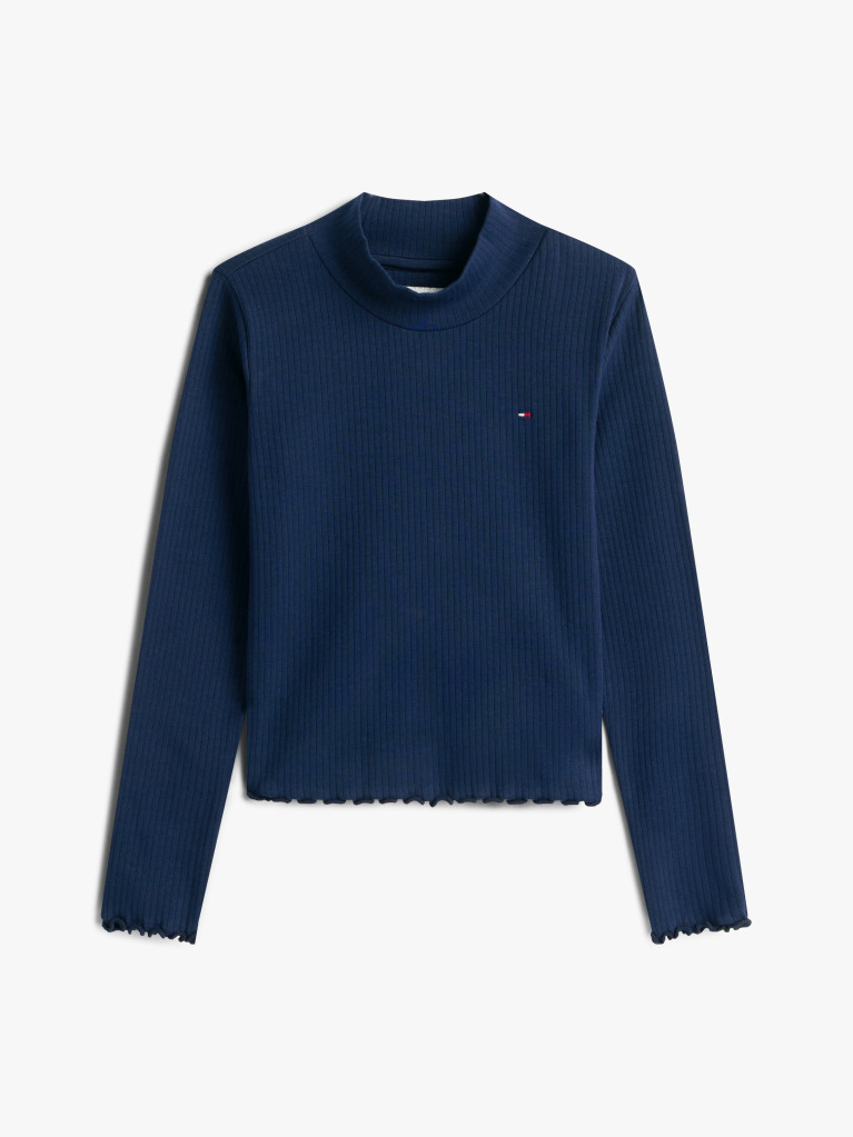 Blue Ribbed Extra Slim Mock Neck Top  Girls