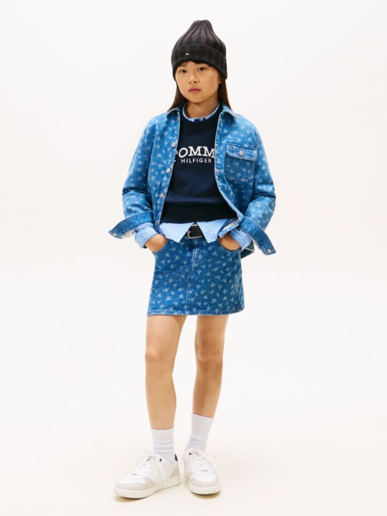 Denim Floral Print Flag Embroidery Denim Skirt  Girls
