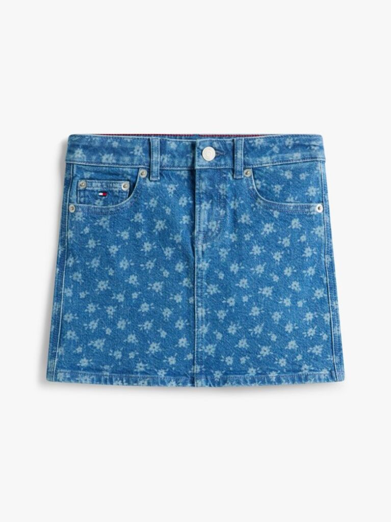 Denim Floral Print Flag Embroidery Denim Skirt  Girls