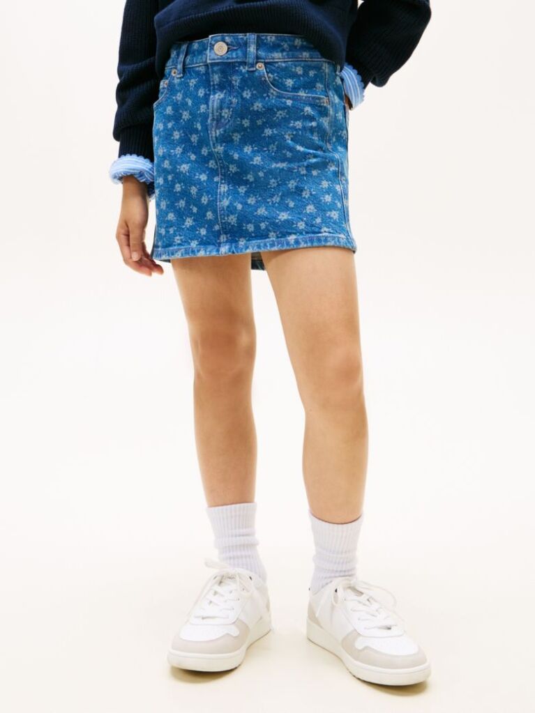 Denim Floral Print Flag Embroidery Denim Skirt  Girls