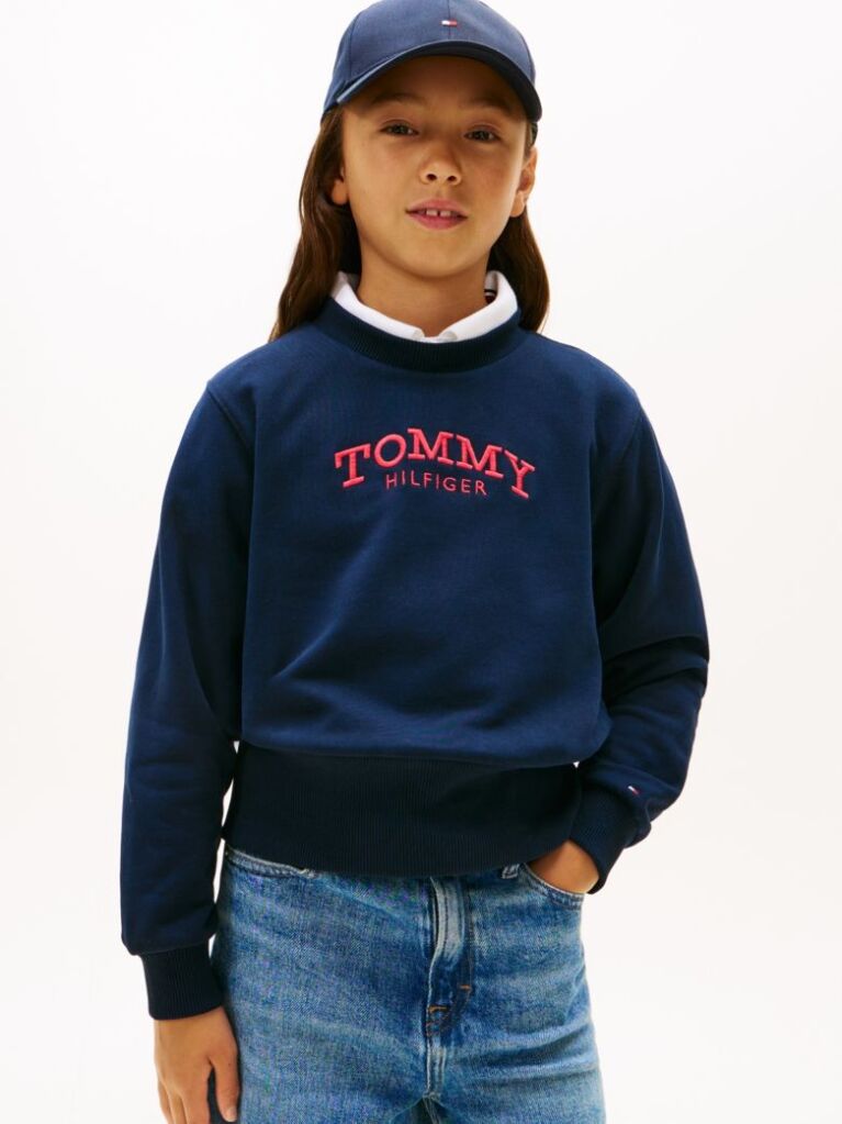 Blue Logo Embroidery Crew Neck Terry Sweatshirt  Girls