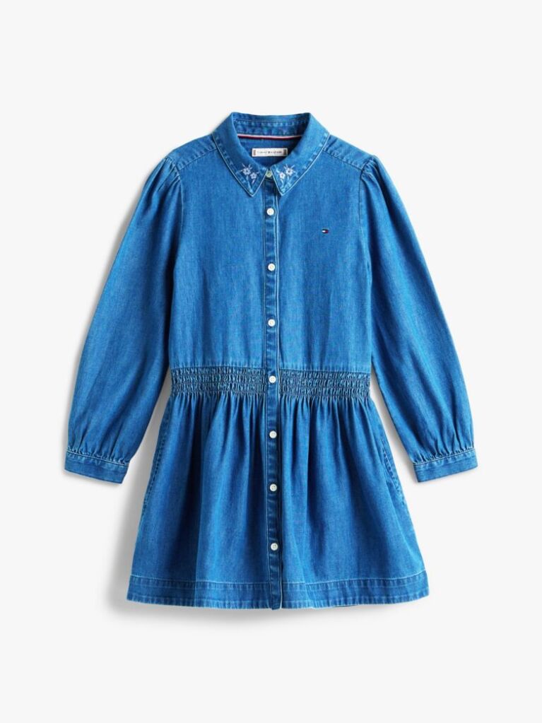 Denim Flower Embroidery Long Sleeve Denim Dress  Girls