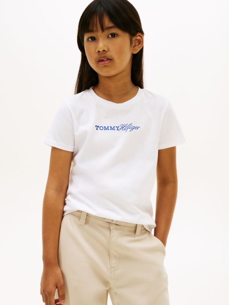 White Logo Embroidery Slim Vintage Jersey T-Shirt  Girls