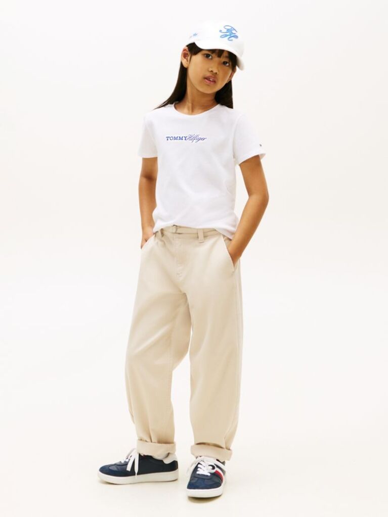 White Logo Embroidery Slim Vintage Jersey T-Shirt  Girls