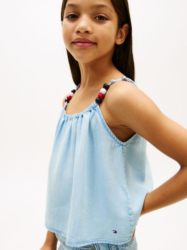 Denim Beaded Straps Sleeveless Top  Girls