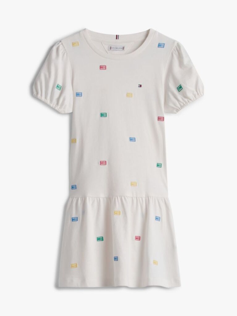 Beige Floral Embroidery Relaxed Fit And Flare Dress  Girls