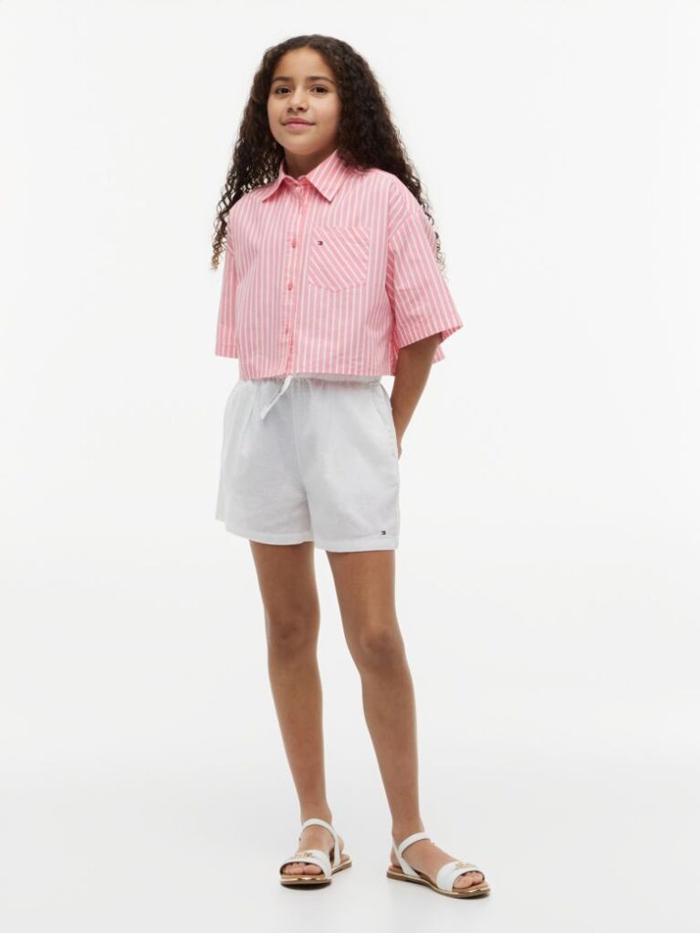 White Mercerised Linen Blend Wide Leg Shorts  Girls