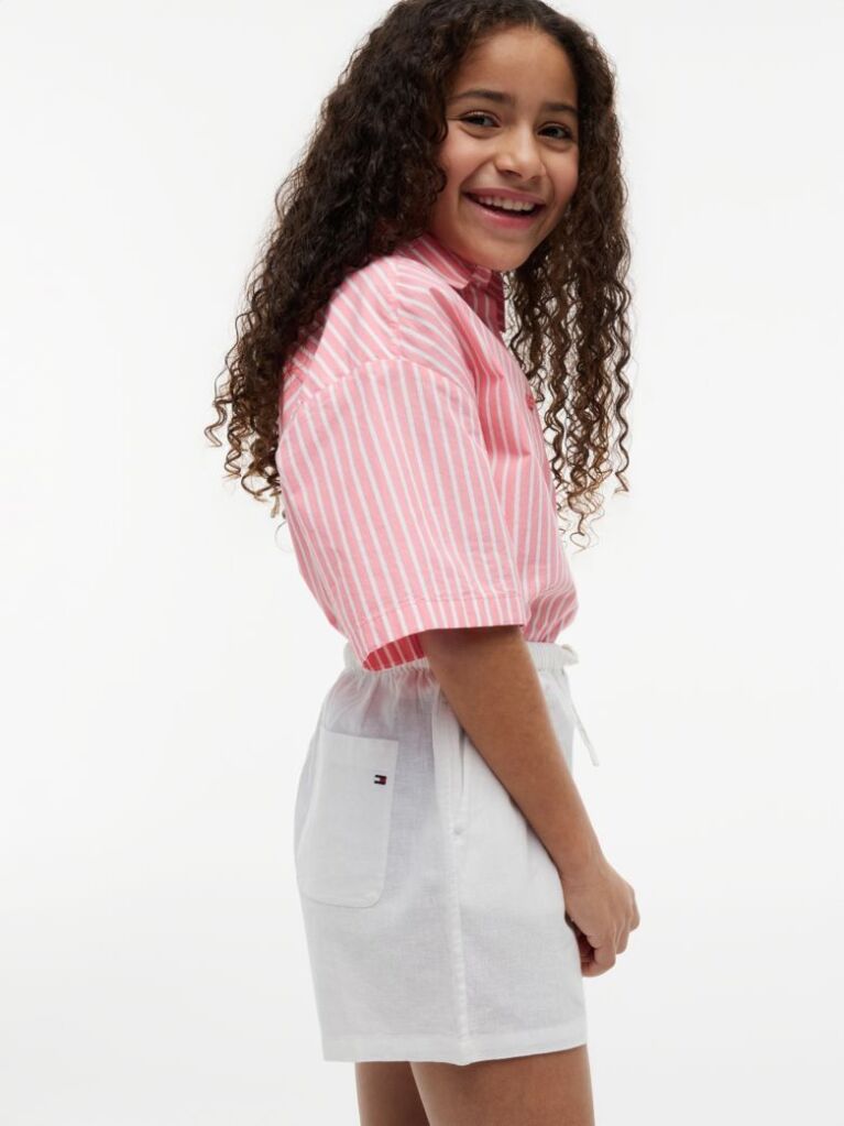 White Mercerised Linen Blend Wide Leg Shorts  Girls