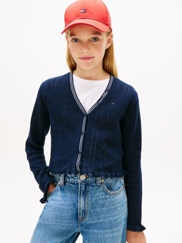 Blue Pointelle Ruffle Trim V-Neck Cardigan  Girls
