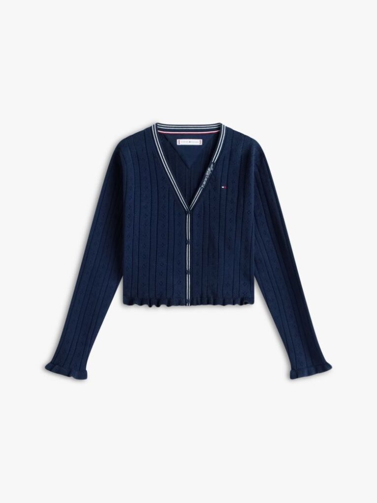 Blue Pointelle Ruffle Trim V-Neck Cardigan  Girls