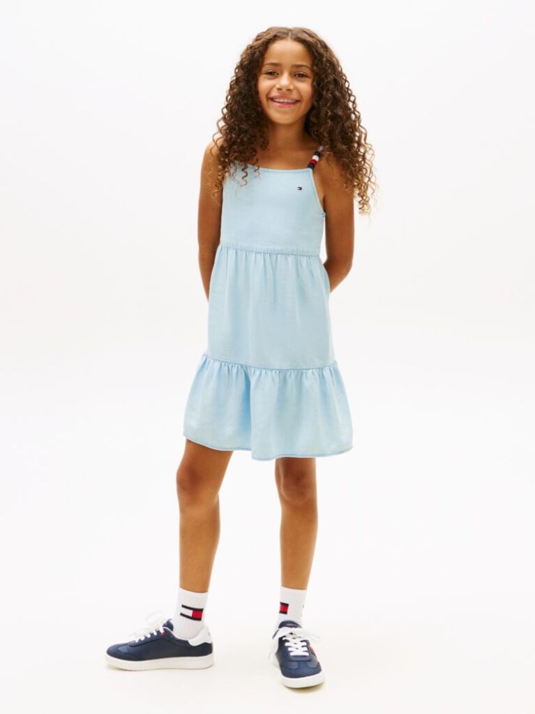 Denim Beaded Strap Twill Tiered Dress  Girls