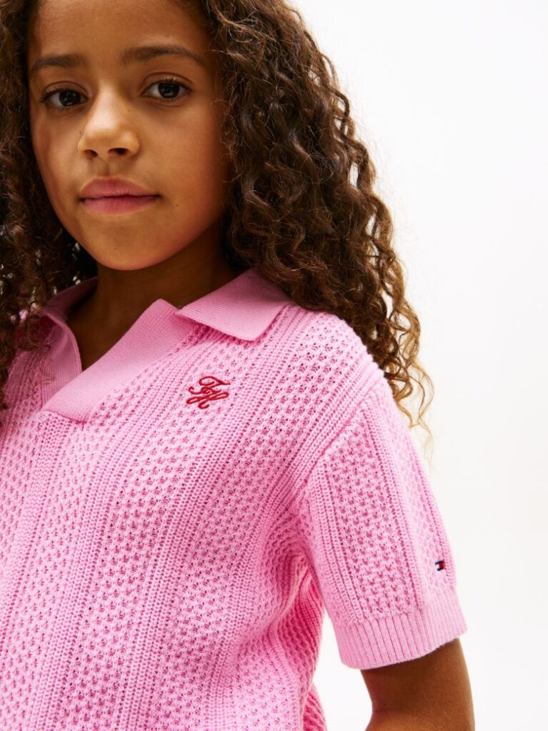 Pink Crochet Open Placket Polo Top  Girls