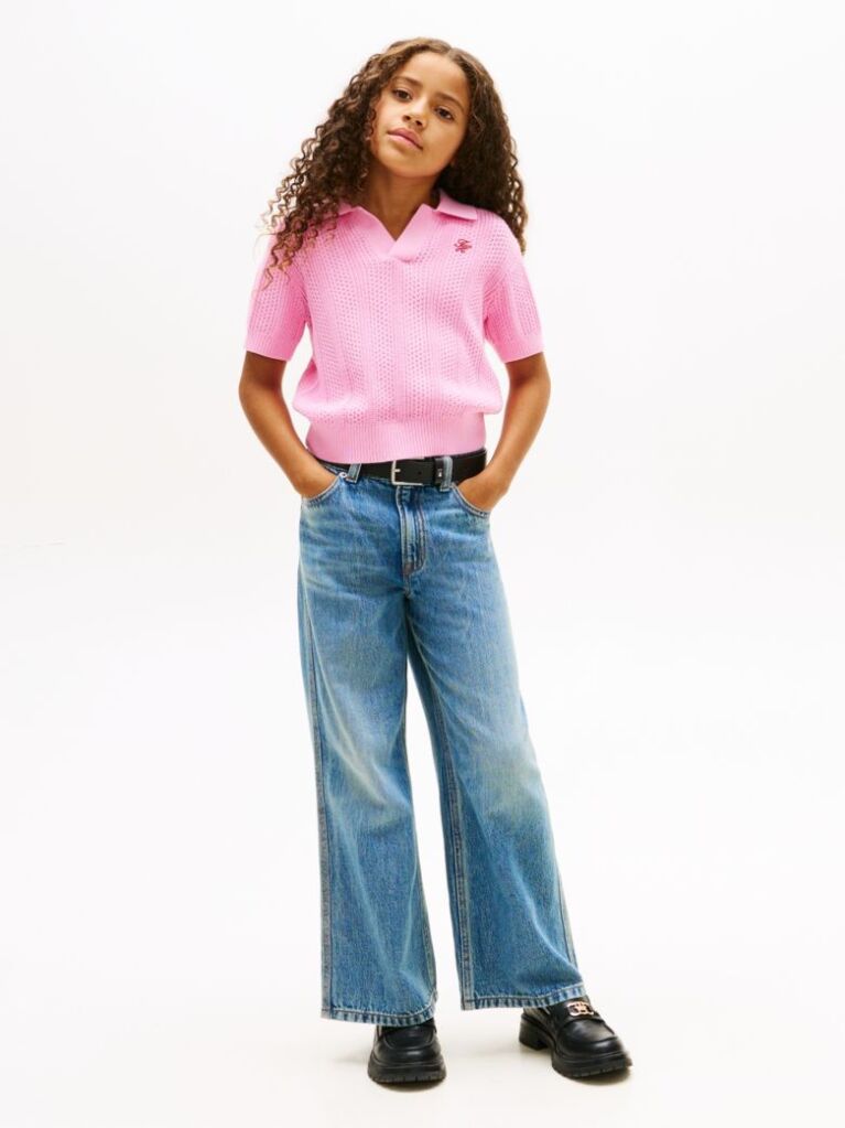 Pink Crochet Open Placket Polo Top  Girls