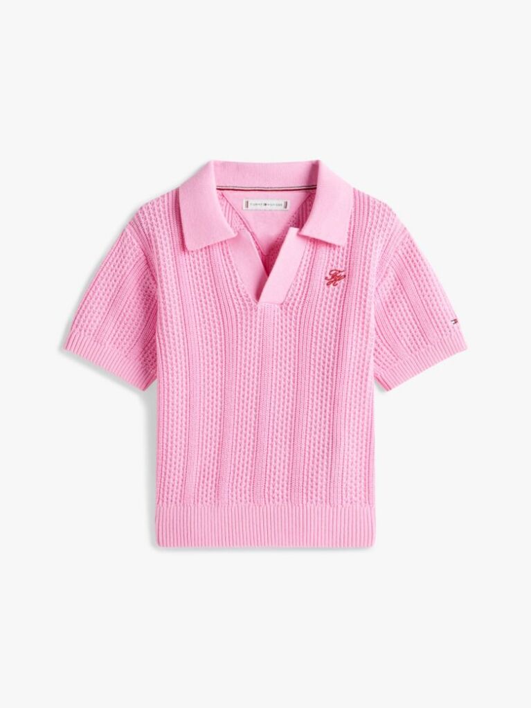 Pink Crochet Open Placket Polo Top  Girls
