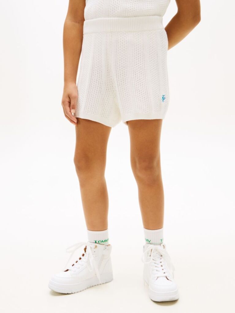 White Logo Embroidery Crochet Shorts  Girls