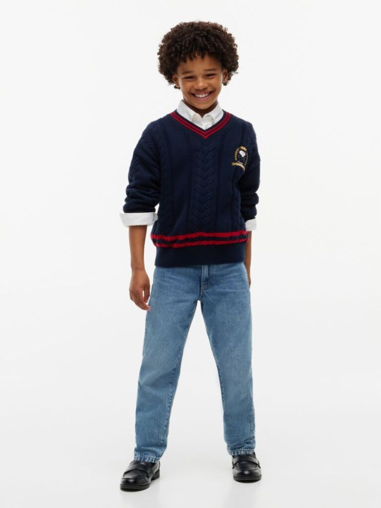Blue Peanuts® Crest Embroidery Cable Knit Jumper  Kids Unisex