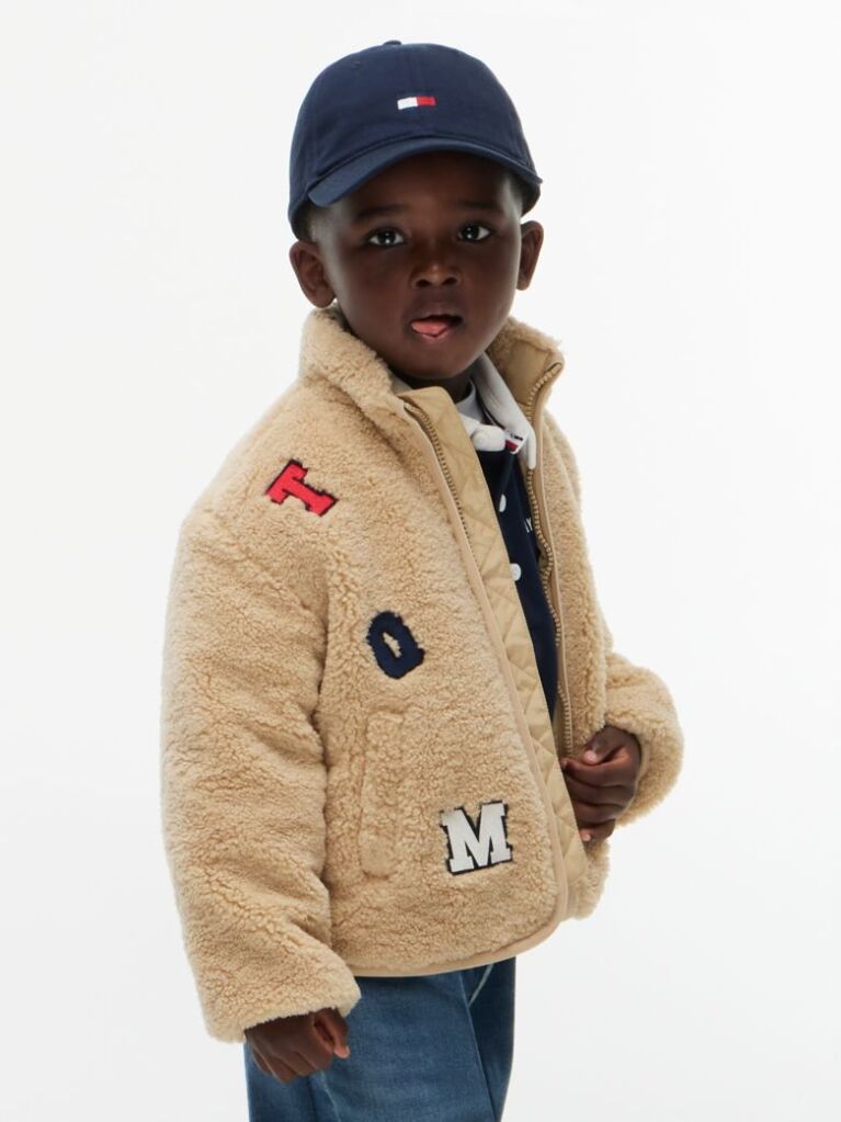 Beige Varsity Logo Patch Teddy Jacket  Kids Unisex