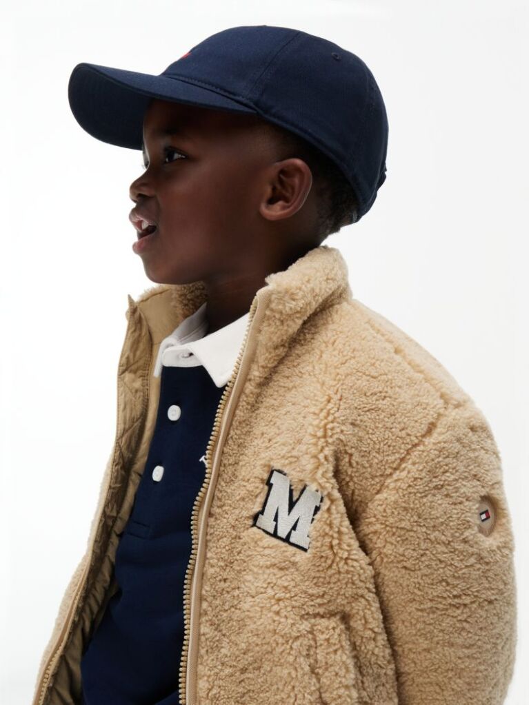 Beige Varsity Logo Patch Teddy Jacket  Kids Unisex