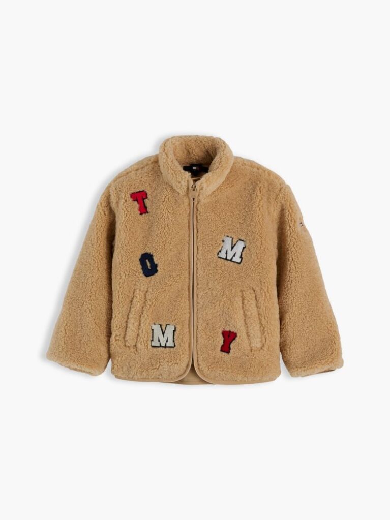 Beige Varsity Logo Patch Teddy Jacket  Kids Unisex