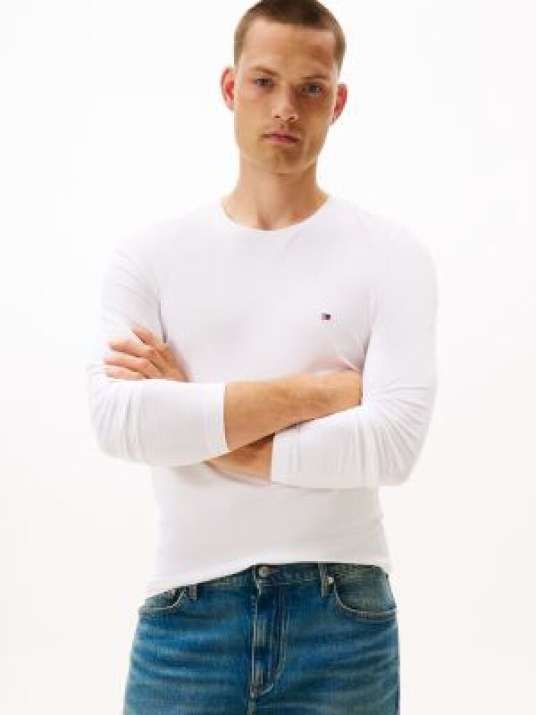 Άσπρο Μακρυμανικο T-Shirt Σε Slim Ελαστικη Γραμμη  Άνδρες