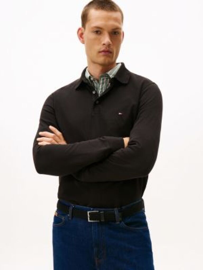 Black 1985 TH Flex Slim Fit Long Sleeve Polo  Men