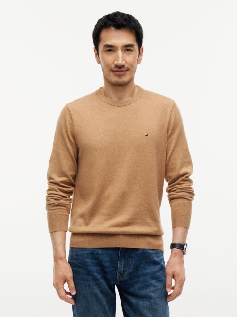 Brown Cotton Cashmere Crew Neck Jumper.  Men