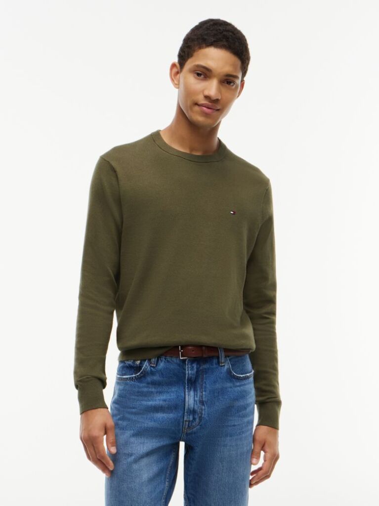 Green Cotton Cashmere Crew Neck Jumper.  Men
