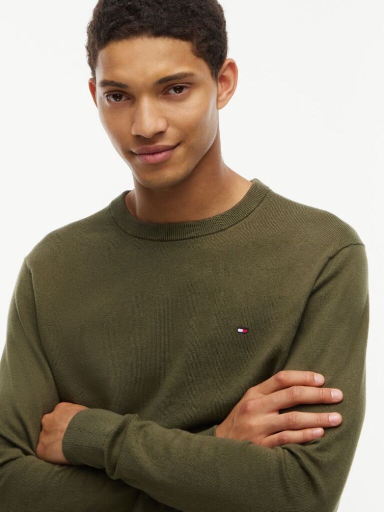 Green Cotton Cashmere Crew Neck Jumper.  Men