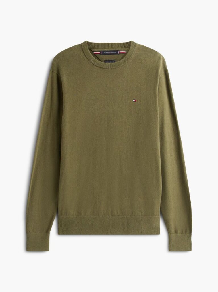 Green Cotton Cashmere Crew Neck Jumper.  Men