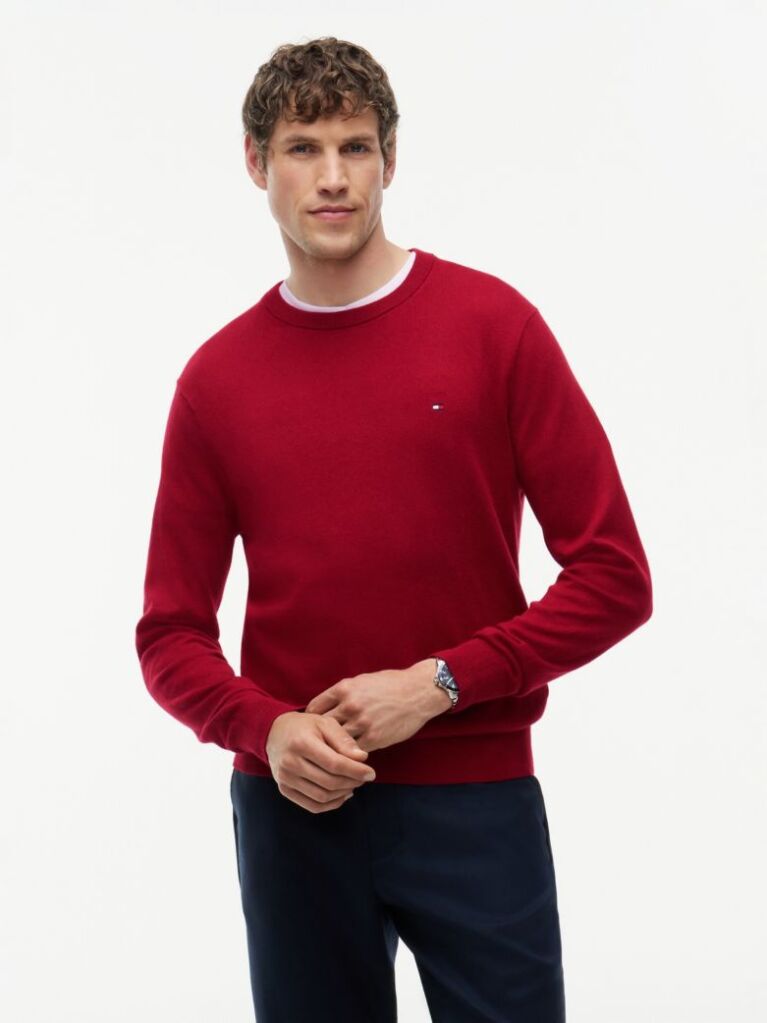 Red Cotton Cashmere Crew Neck Jumper.  Men