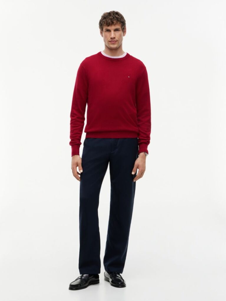 Red Cotton Cashmere Crew Neck Jumper.  Men