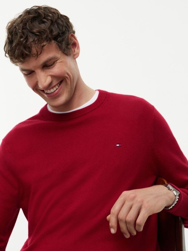 Red Cotton Cashmere Crew Neck Jumper.  Men
