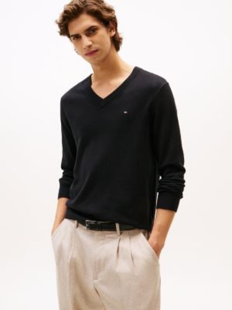 Black Cotton Cashmere V-Neck Jumper  Men
