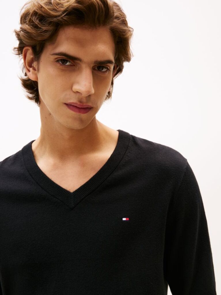 Black Cotton Cashmere V-Neck Jumper  Men