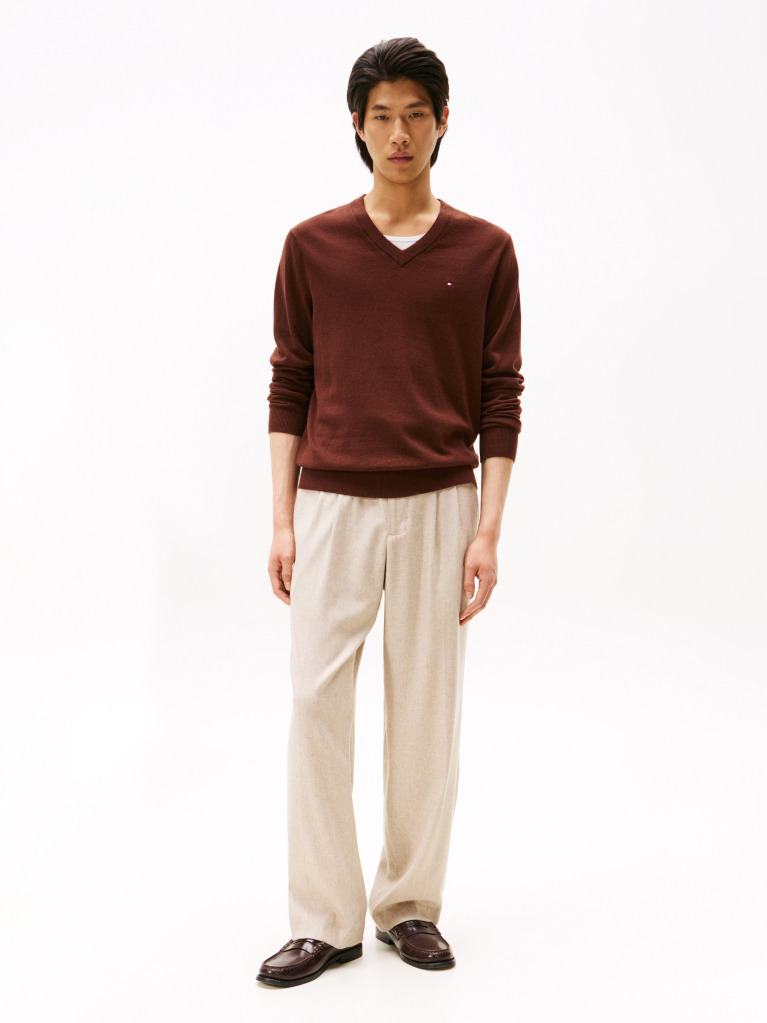 Brown Cotton Cashmere V-Neck Jumper  Men