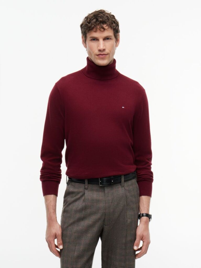 Red Cotton Cashmere Roll Neck Jumper  Men