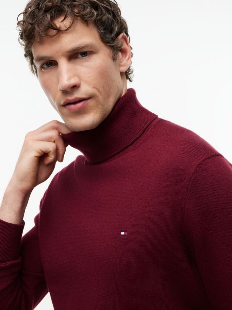 Red Cotton Cashmere Roll Neck Jumper  Men