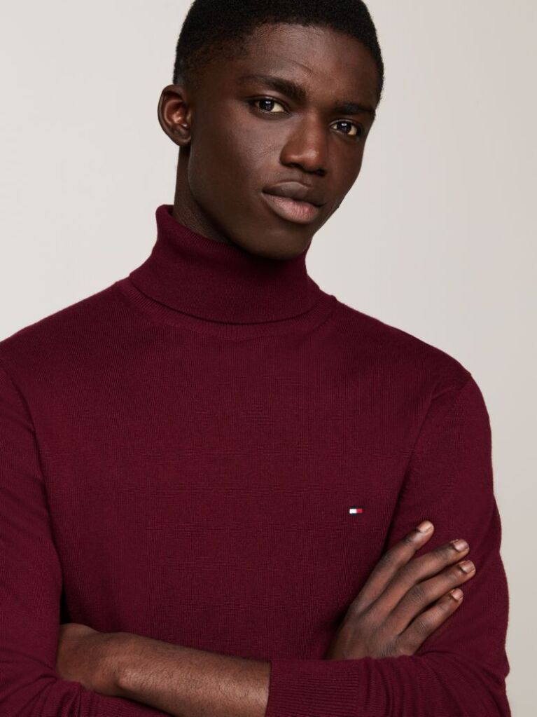 Red Cotton Cashmere Roll Neck Jumper  Men