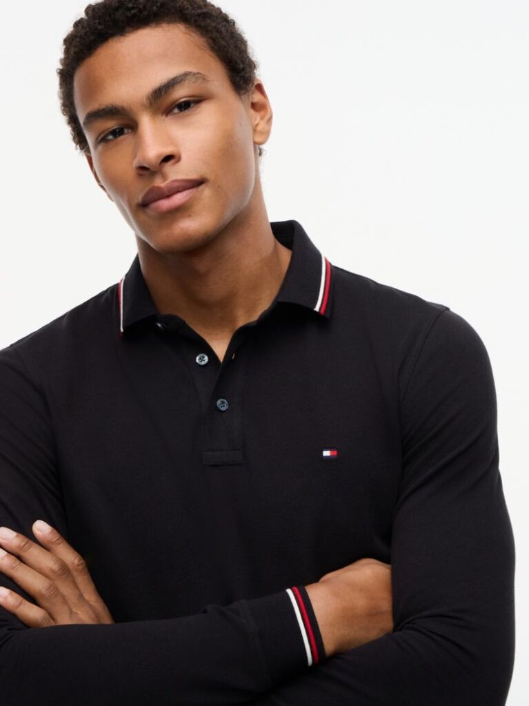 Black Tipped Long Sleeve Slim Polo Shirt  Men