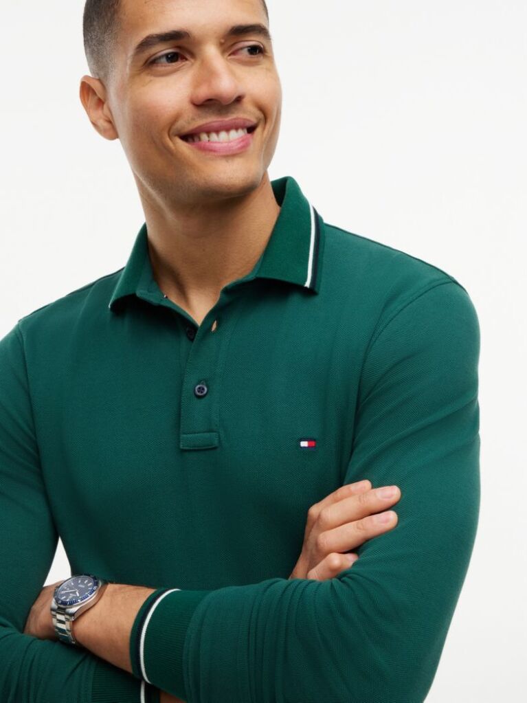 Green Tipped Long Sleeve Slim Polo Shirt  Men
