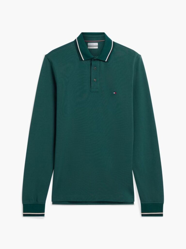 Green Tipped Long Sleeve Slim Polo Shirt  Men