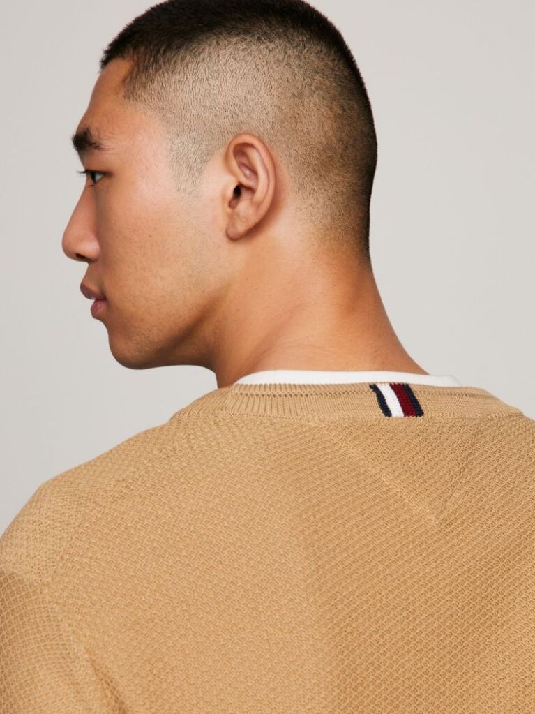 Beige Honeycomb Knit Crew Neck Jumper  Men
