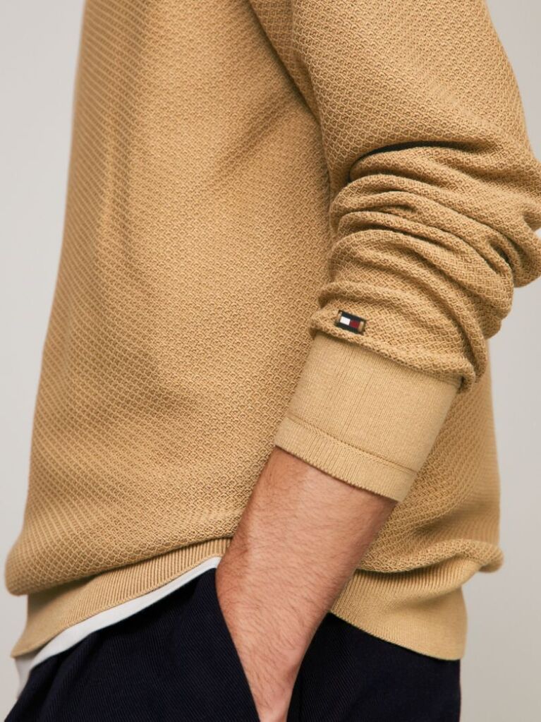 Beige Honeycomb Knit Crew Neck Jumper  Men