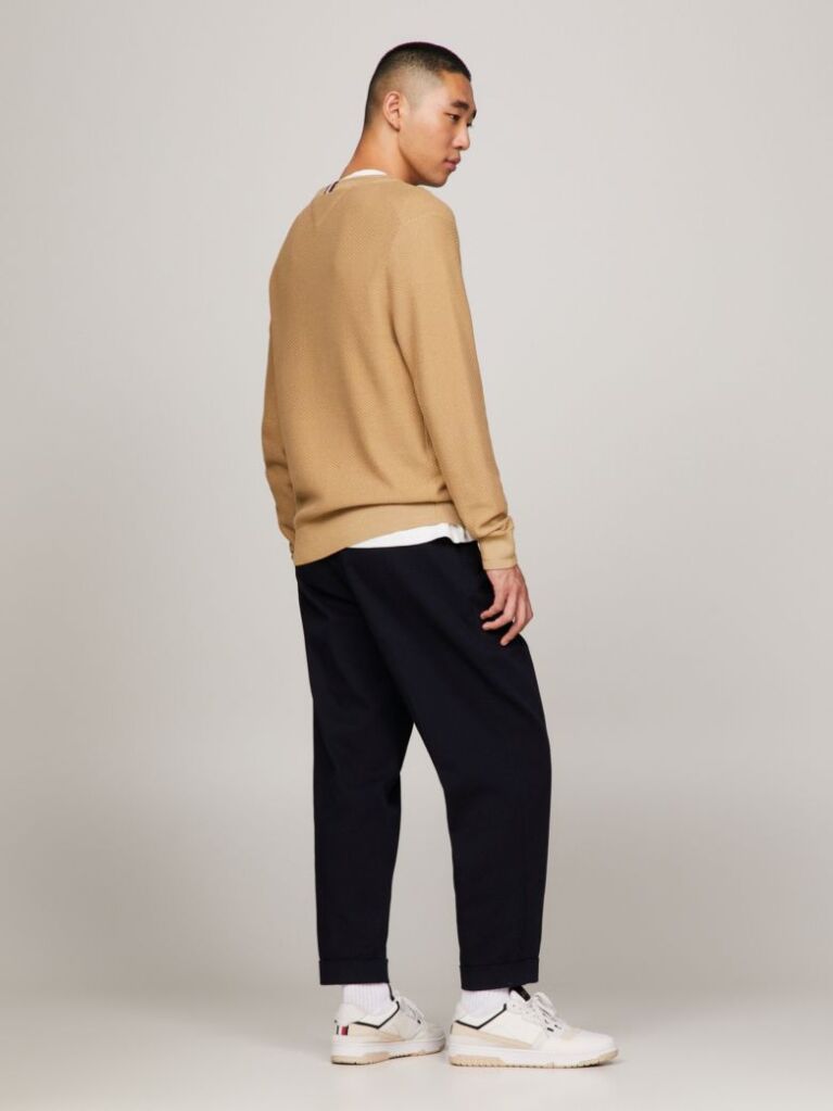 Beige Honeycomb Knit Crew Neck Jumper  Men