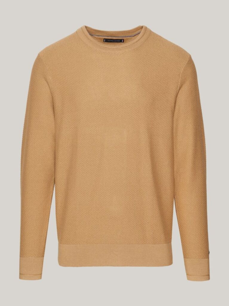 Beige Honeycomb Knit Crew Neck Jumper  Men